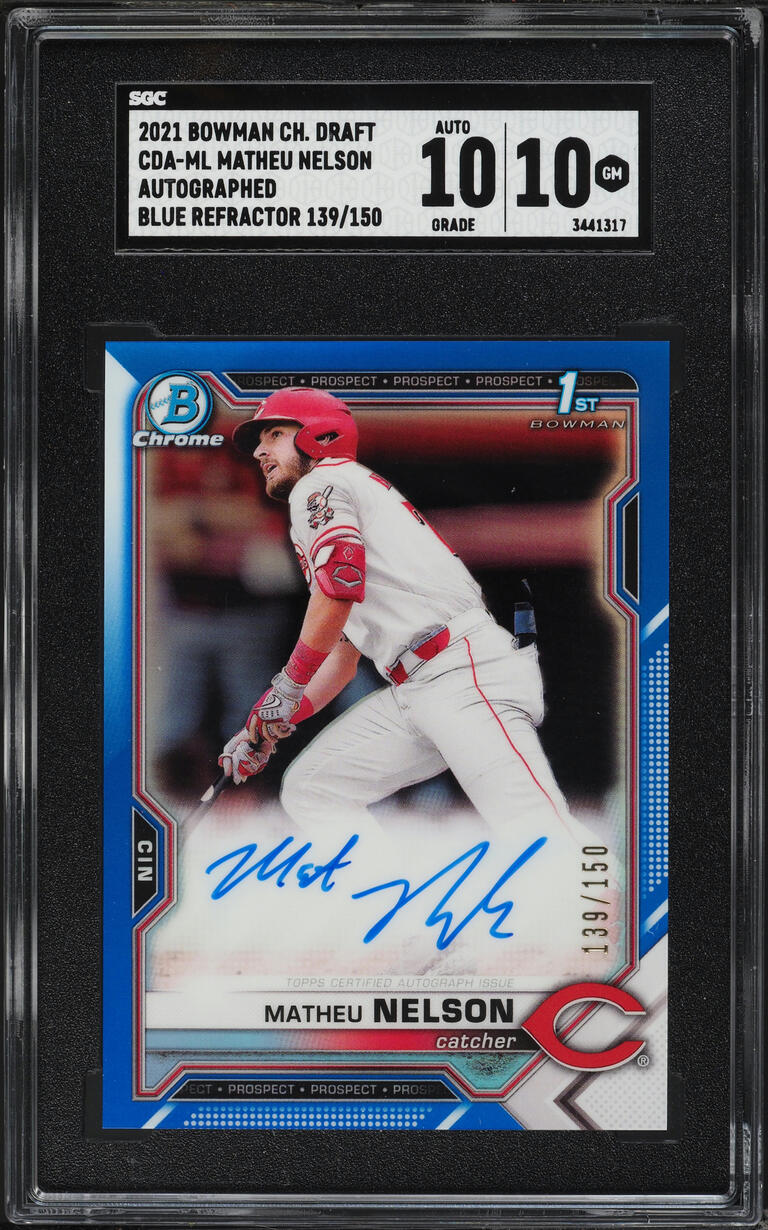 2021 Bowman Chrome Draft Blue Refractor Matheu Nelson PROSPECT AUTO /150 #CDAML SGC 10 GEM MINT