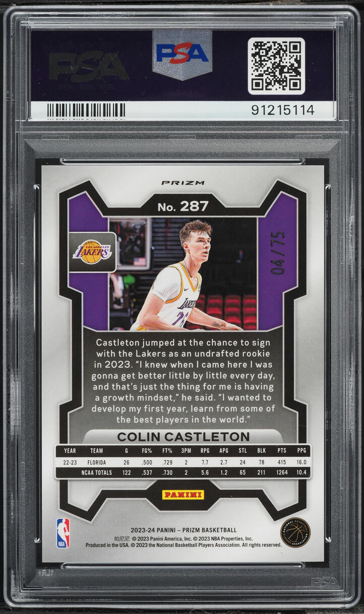 2023 Panini Prizm Purple Fast Break Colin Castleton ROOKIE /75 #287 PSA 10 GEM MINT