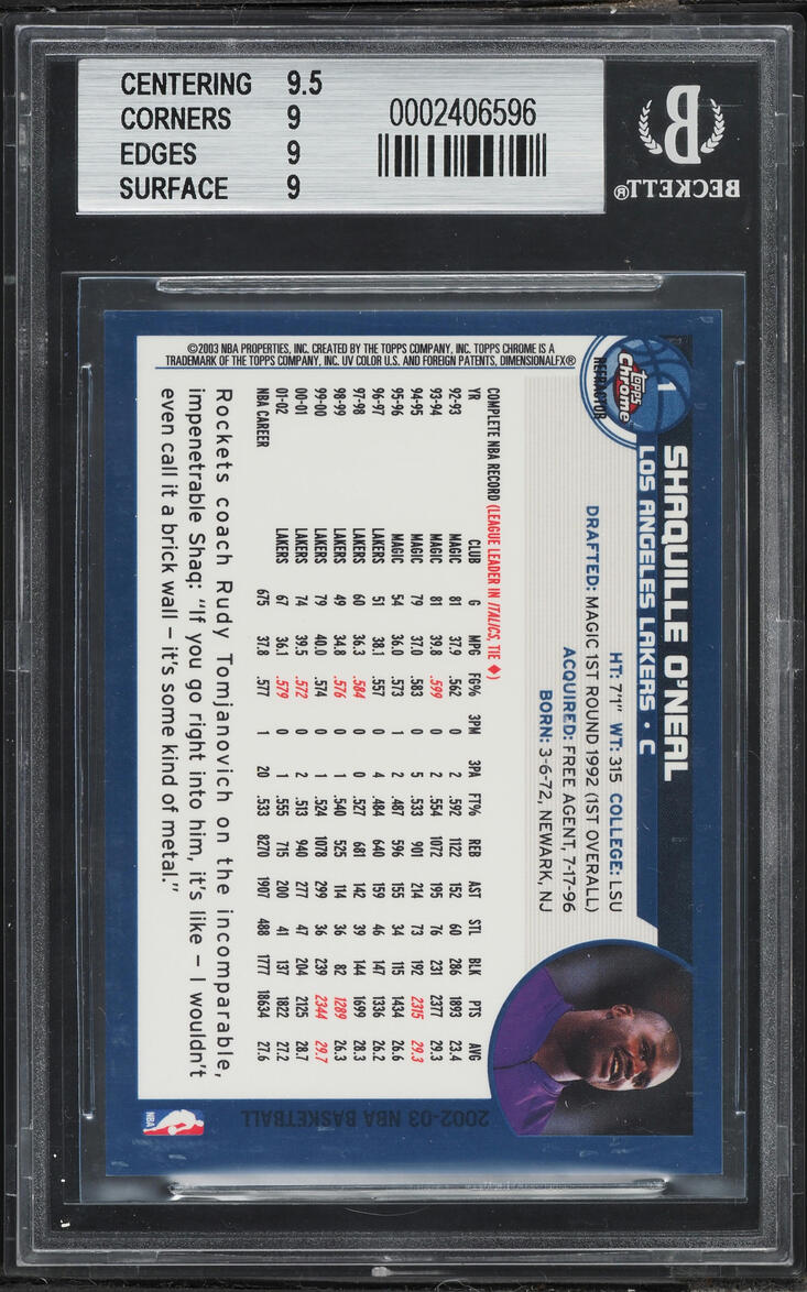 2002 Topps Chrome Refractor Shaquille O'Neal #1 BGS 9 MINT