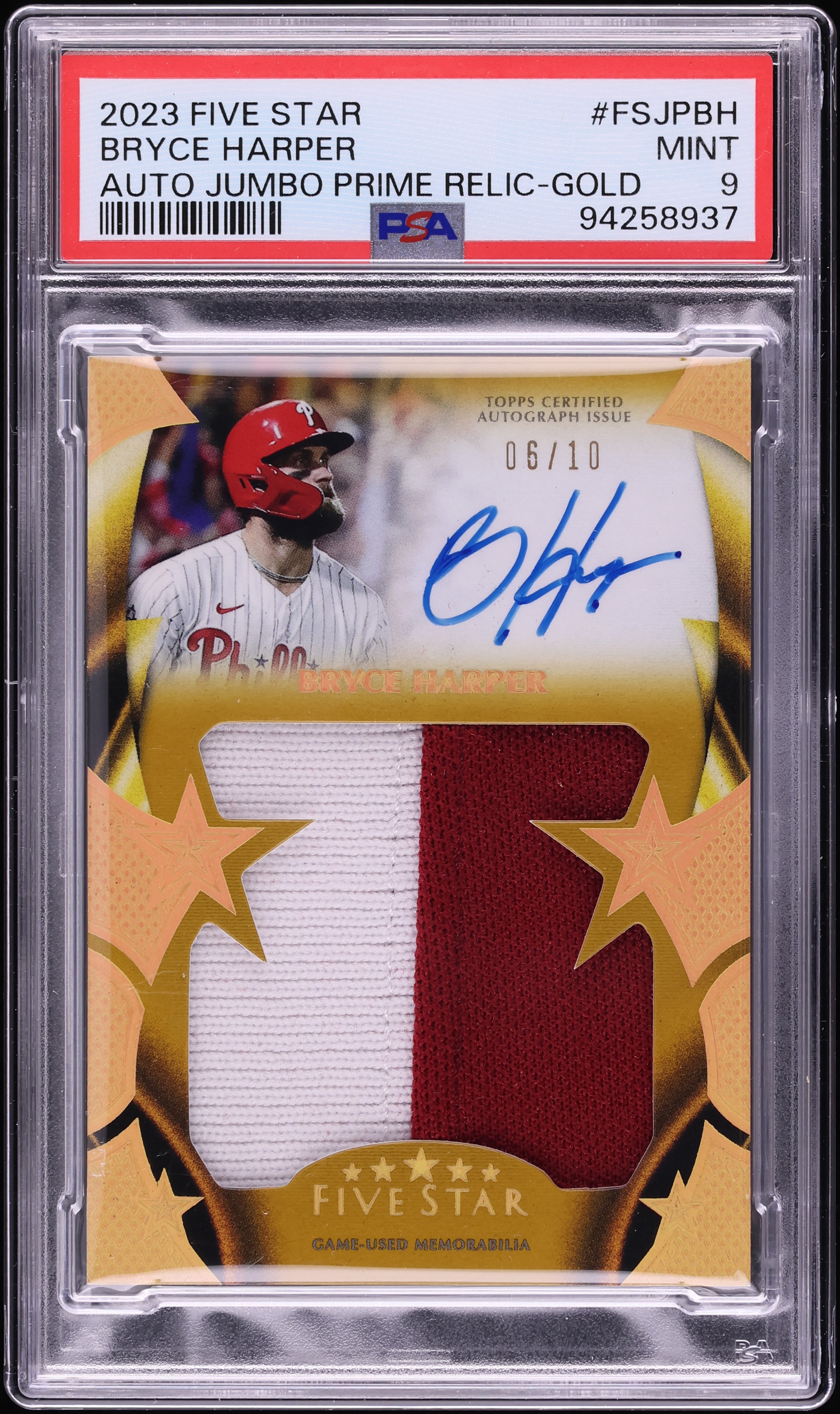 2023 Topps Five Star Jumbo Gold Bryce Harper PATCH AUTO /10 #FSJP