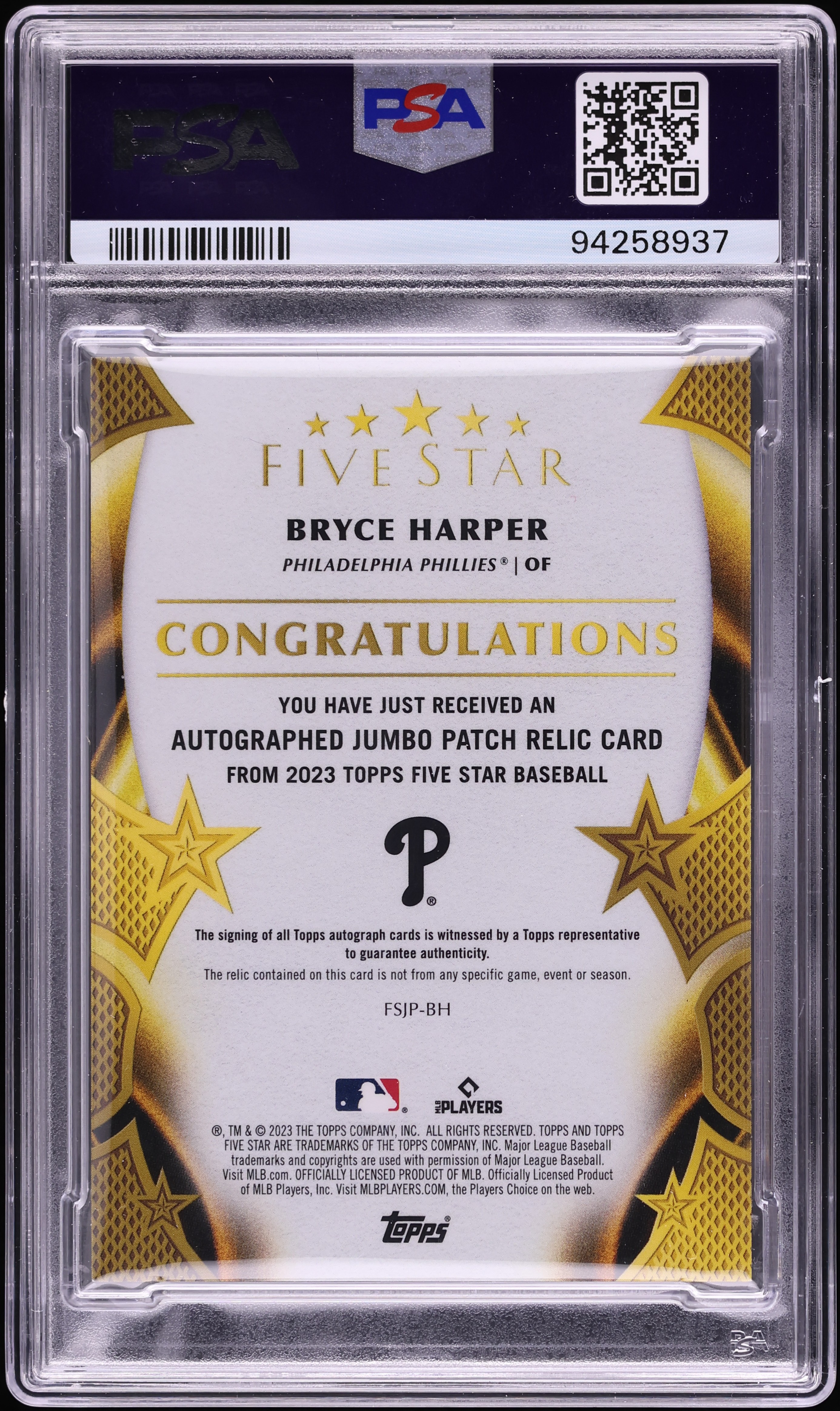 2023 Topps Five Star Jumbo Gold Bryce Harper PATCH AUTO /10 #FSJP