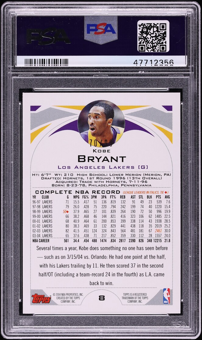 2004 Topps Basketball Gold Kobe Bryant /99 #8 PSA 9 MINT