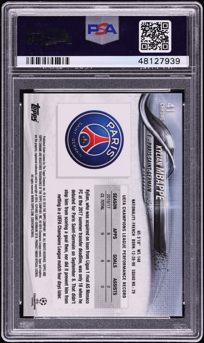 2017 Topps Chrome UEFA Champions League Kylian Mbappe ROOKIE #41 PSA 10 GEM MINT