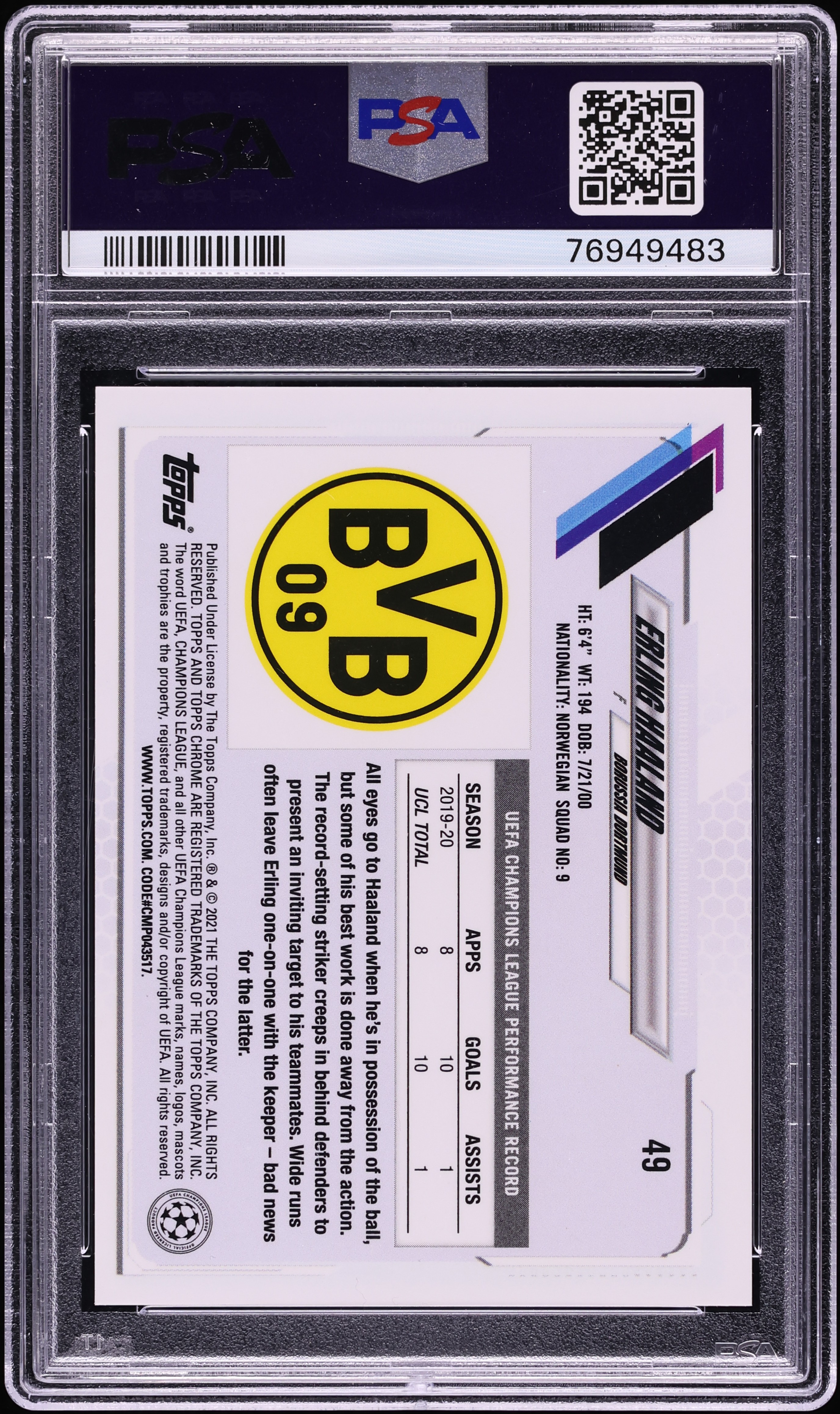 2020 Topps Chrome UEFA Champions League Erling Haaland SP #49 PSA