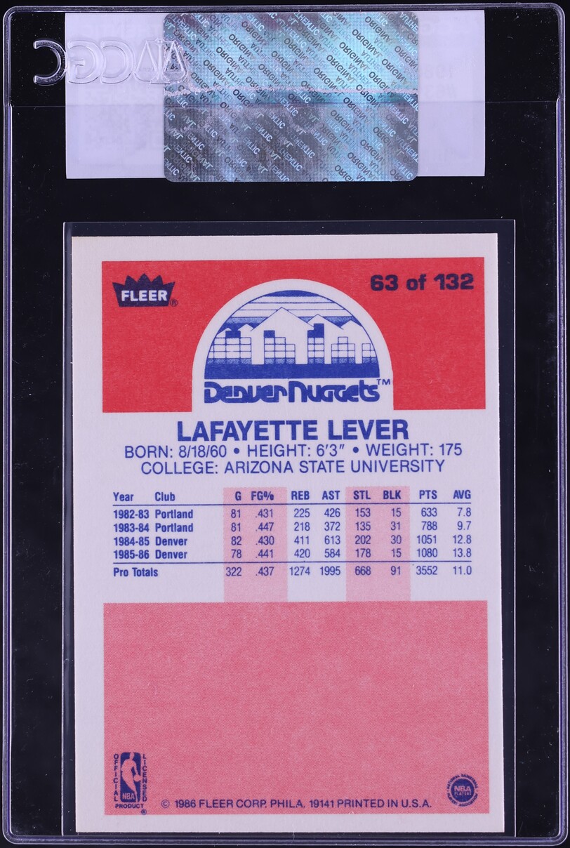 1986 Fleer Basketball Lafayette Lever #63 CGC AUTH