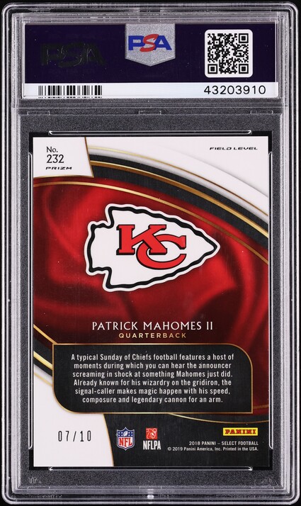 2018 Select Field Level Gold Prizm Patrick Mahomes II /10 #232 PSA 10 GEM MINT