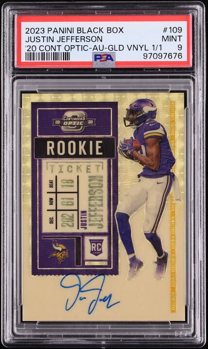 2023 Panini Black Box '20 Cont Optic Gold Vnyl Justin Jefferson ROOKIE AUTO 1/1 #109 PSA 9 MINT