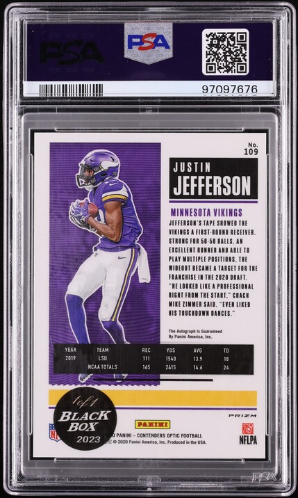 2023 Panini Black Box '20 Cont Optic Gold Vnyl Justin Jefferson ROOKIE AUTO 1/1 #109 PSA 9 MINT