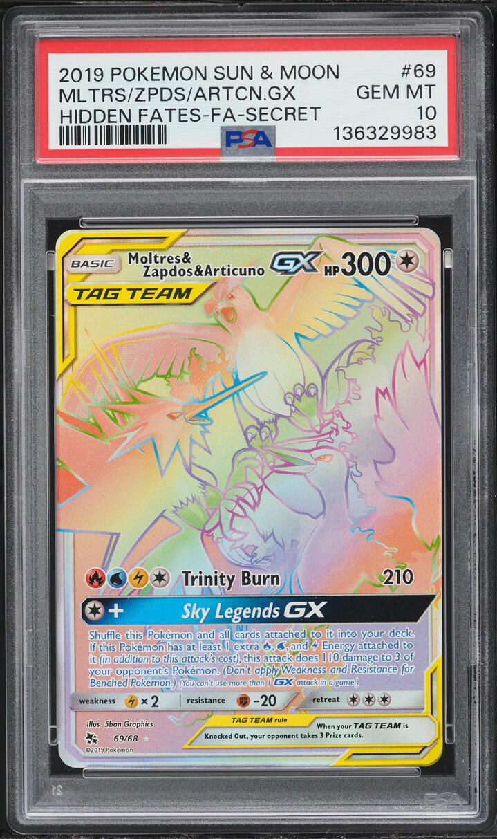2019 Pokemon Sun & Moon Hidden Fates Rainbow Rare Moltres Zapdos Articuno GX #69 PSA 10 GEM