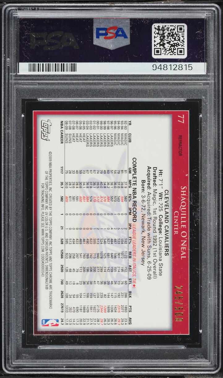 2009 Topps Chrome Refractor Shaquille O'Neal /500 #77 PSA 9 MINT