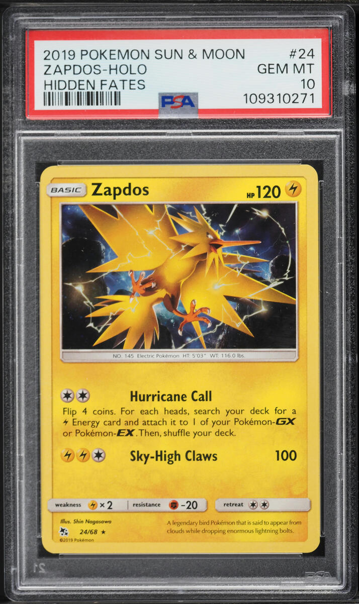 2019 Pokemon Sun & Moon Hidden Fates Holo Zapdos #24 PSA 10 GEM MINT