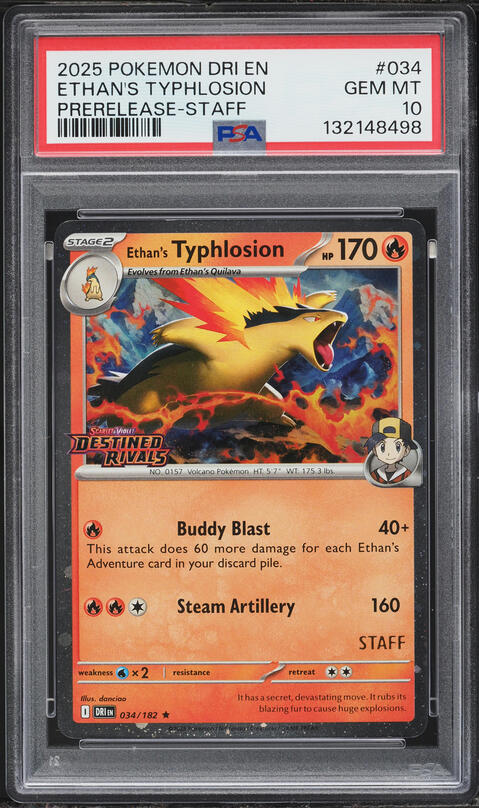 2025 Pokemon SV Destined Rivals Prerelease Staff Ethan's Typhlosion #34 PSA 10 GEM MINT