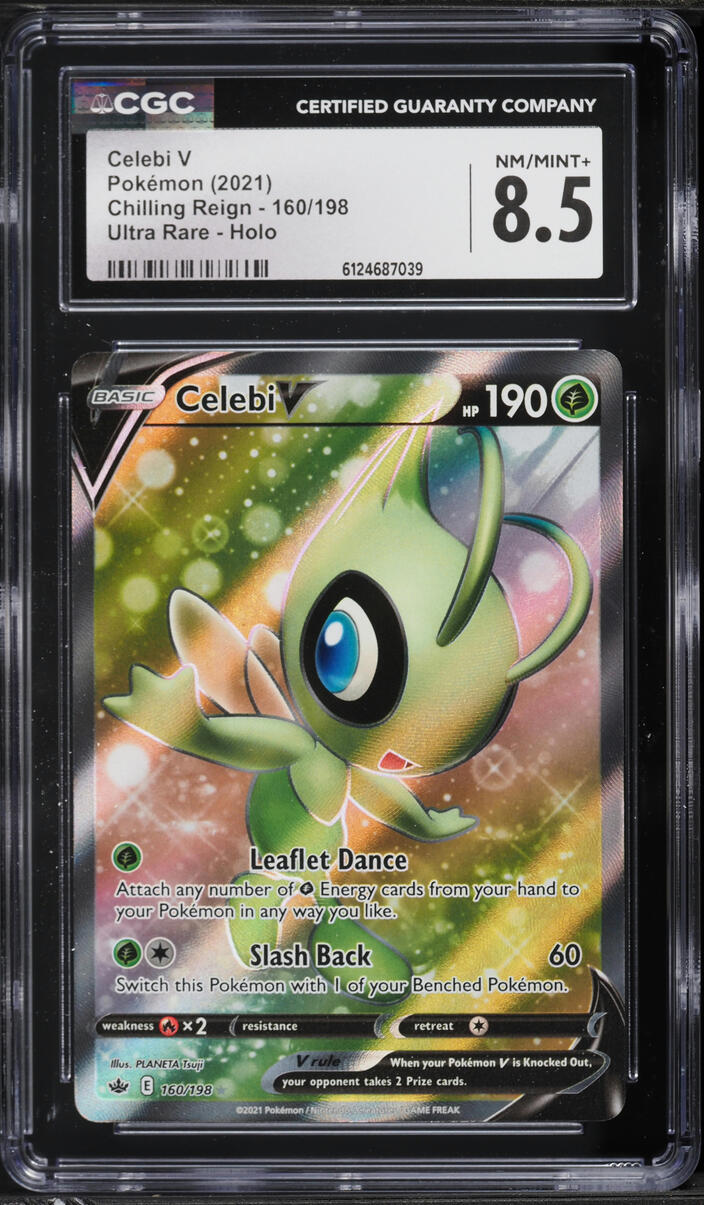 celebi v pokemon card 2021 Sword & Shield Chilling Reign Full Art #160 CGC 8.5 NM-MT+ on Fanatics Collect ATTACKS Leaflet Dance Pokemon Celebi V 245/264 PSA