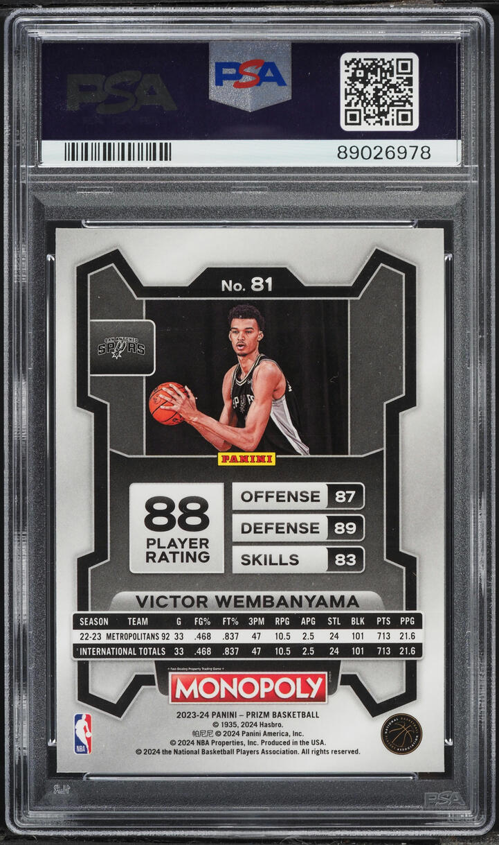 2023 Panini Prizm Monopoly Victor Wembanyama ROOKIE #81 PSA 10 GEM MINT