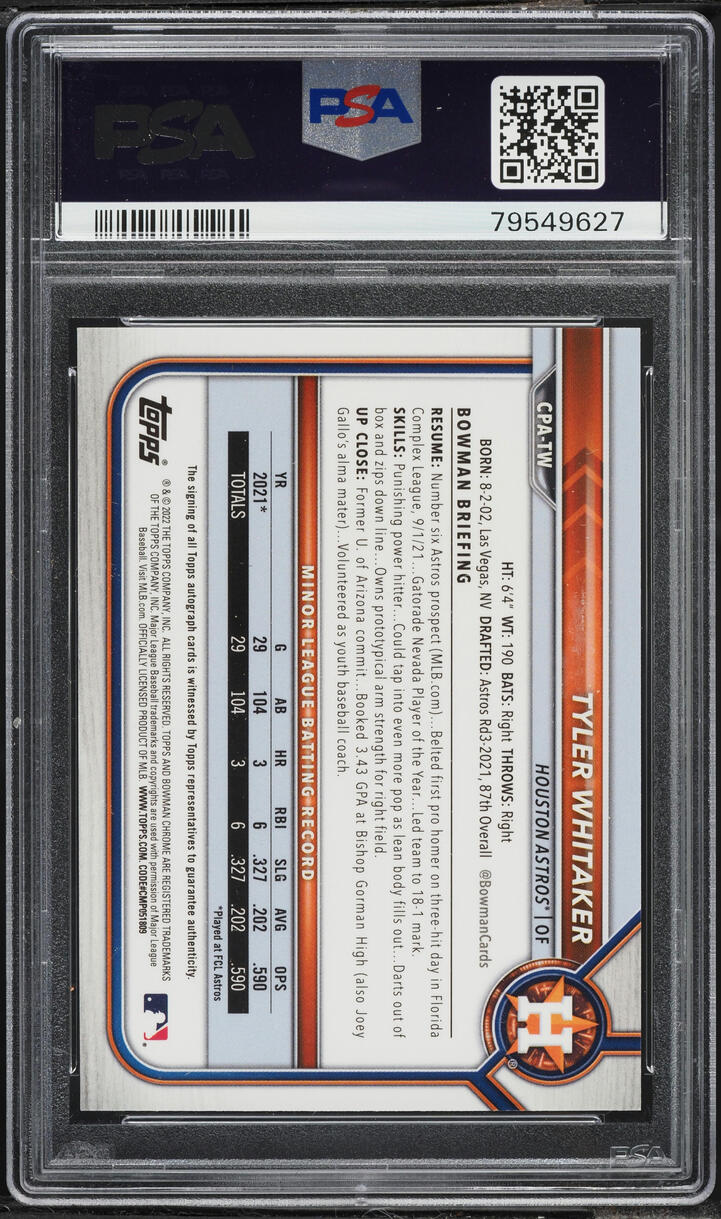 2022 Bowman Chrome Speckle Refractor Tyler Whitaker PROSPECT AUTO /299 #CPA-TW PSA 9 MINT