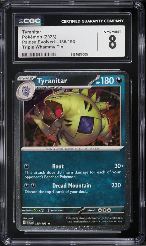 2023 Pokemon Scarlet & Violet Paldea Evolved Triple Whammy Tin Holo Tyranitar #135 CGC 8 NM-MT