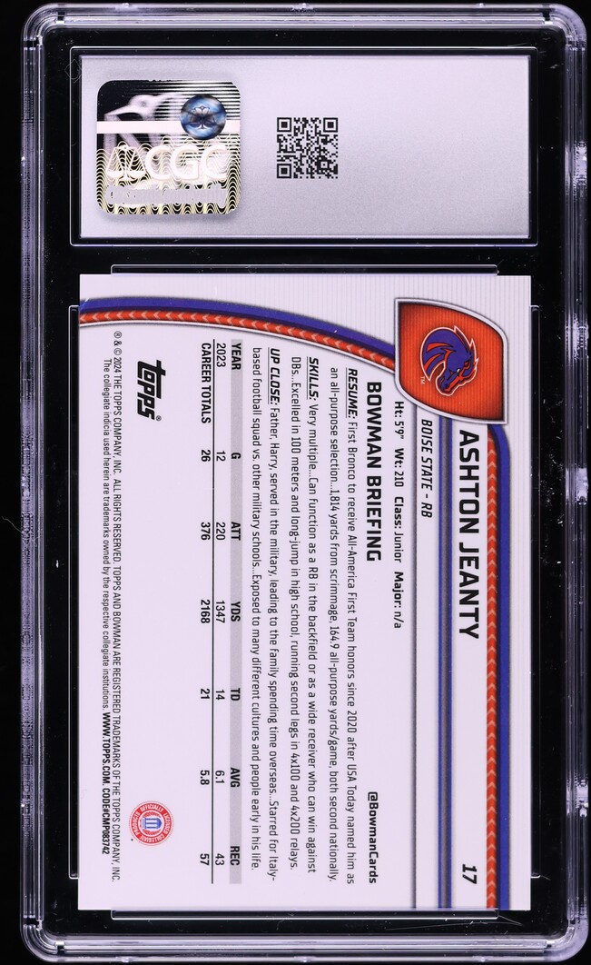 2024 Bowman Chrome University Blue Mini-Diamond Refractor Ashton Jeanty RC /175 #17 CGC 9.5+