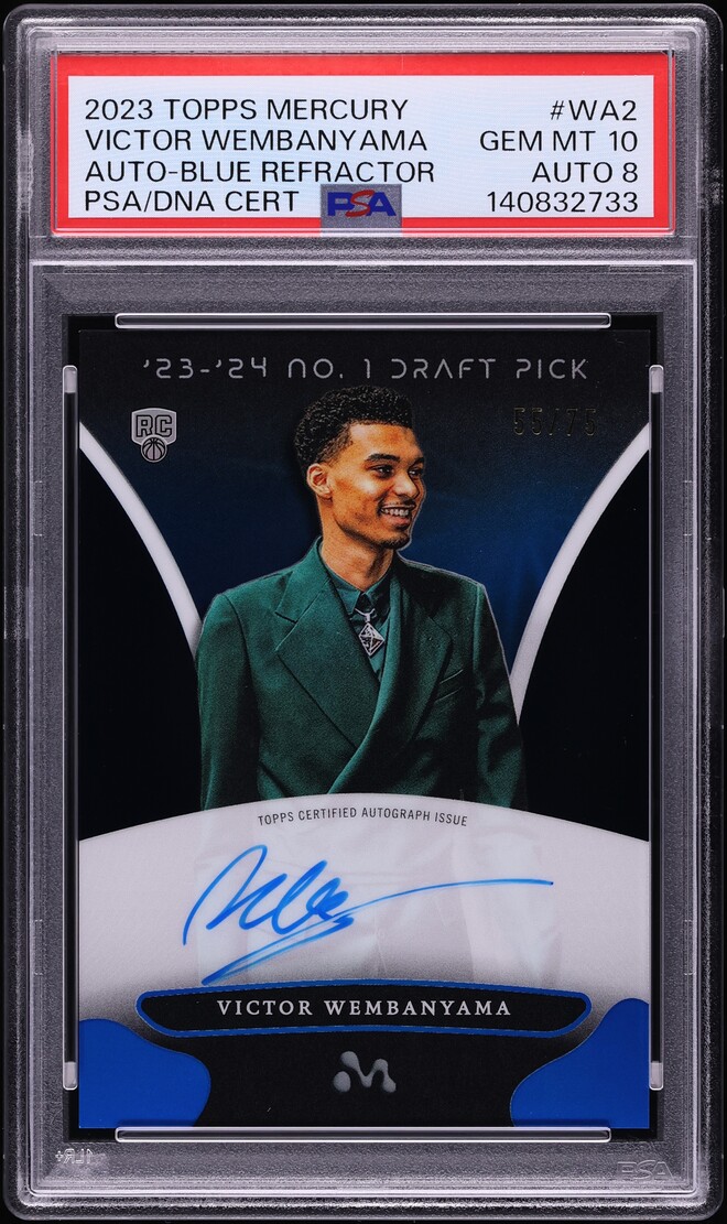 2023 Topps Mercury Blue Refractor Victor Wembanyama ROOKIE AUTO DNA 8 /75 #WA2 PSA 10 GEM MINT