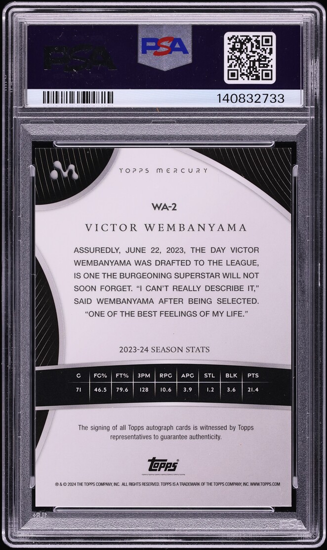 2023 Topps Mercury Blue Refractor Victor Wembanyama ROOKIE AUTO DNA 8 /75 #WA2 PSA 10 GEM MINT