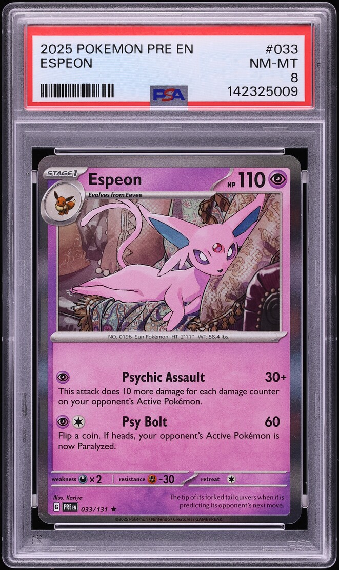 2025 Pokemon Scarlet & Violet Prismatic Evolutions Holo Espeon #33 PSA 8 NM-MT