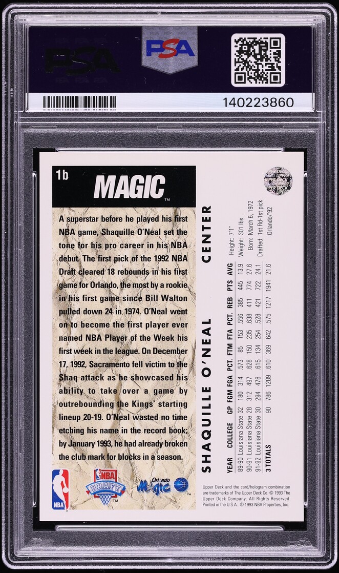 1992 Upper Deck Trade Shaquille O'Neal ROOKIE #1B PSA 8 NM-MT