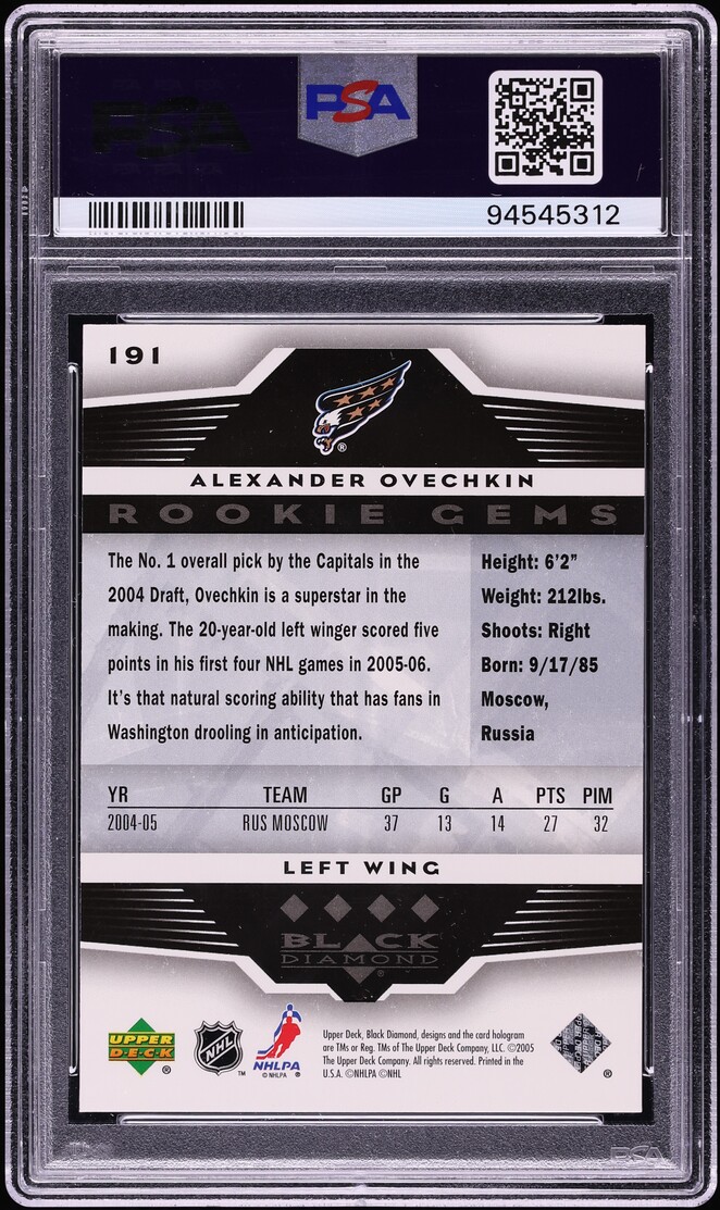2005 Black Diamond Quadruple Alexander Ovechkin ROOKIE #191 PSA 10 GEM MINT