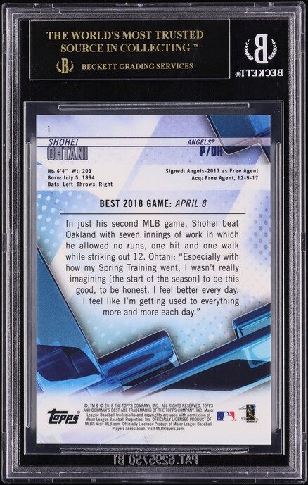 2018 Bowman's Best Atomic Refractor Shohei Ohtani ROOKIE #1 BGS 10 PRISTINE, BLACK LABEL