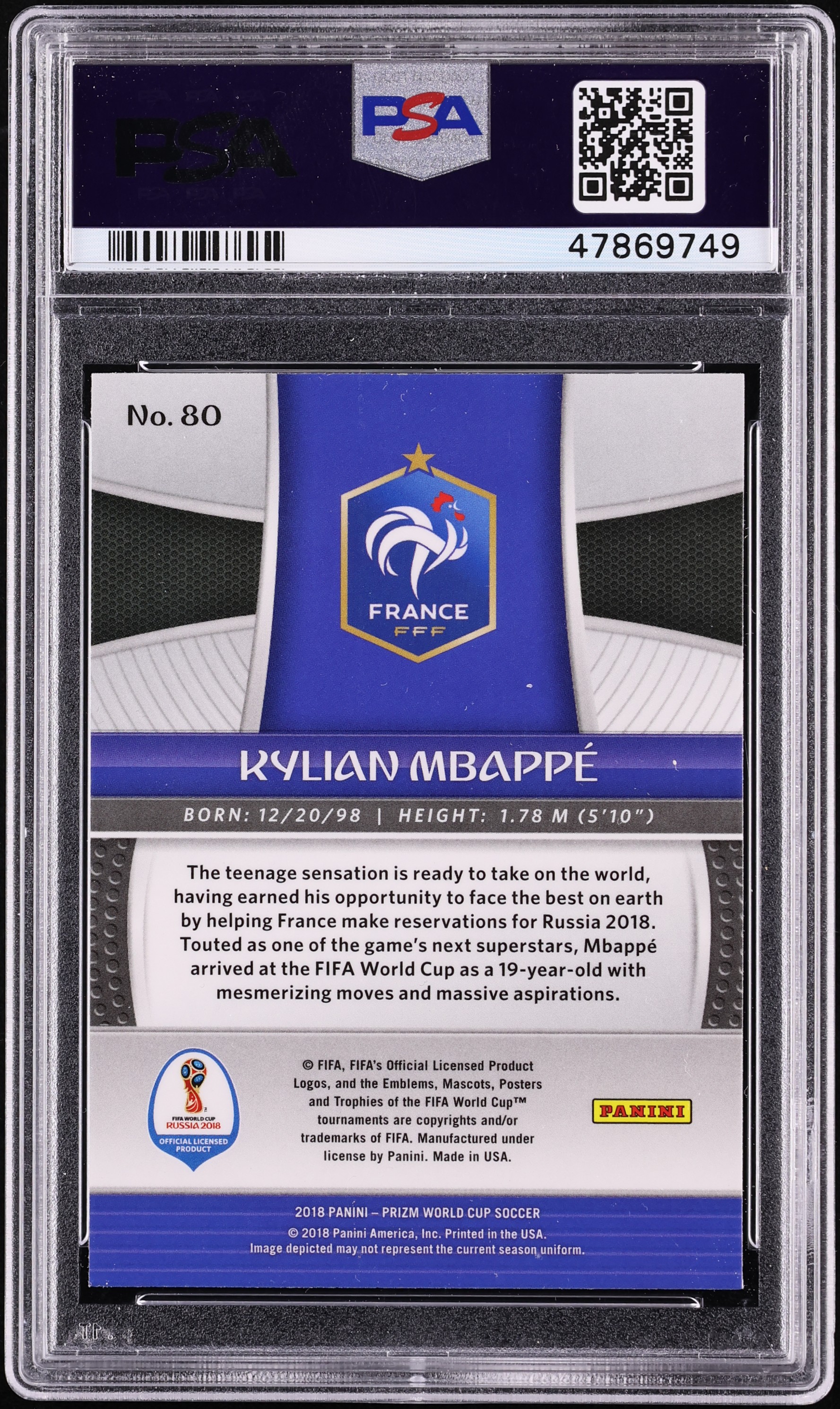 2018 Panini Prizm World Cup Kylian Mbappe ROOKIE #80 PSA 10 GEM