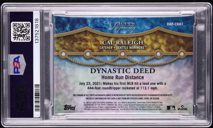 2022 Topps Dynasty Cal Raleigh ROOKIE PATCH AUTO DNA 10 /10 #DAP-CRA1 PSA 10 GEM MINT