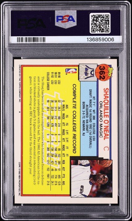 1992 Topps Gold Shaquille O'Neal ROOKIE #362 PSA 8 NM-MT