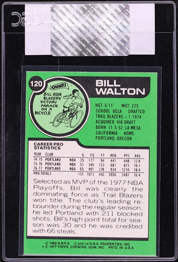 1977 Topps Basketball Bill Walton 2ND TEAM ALL STAR #120 CGC AUTH