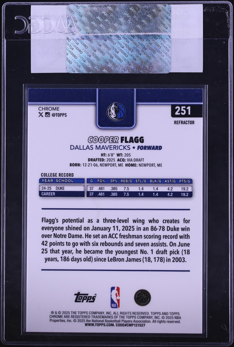 2025 Topps Chrome Refractor Cooper Flagg ROOKIE #251 CGC AUTH