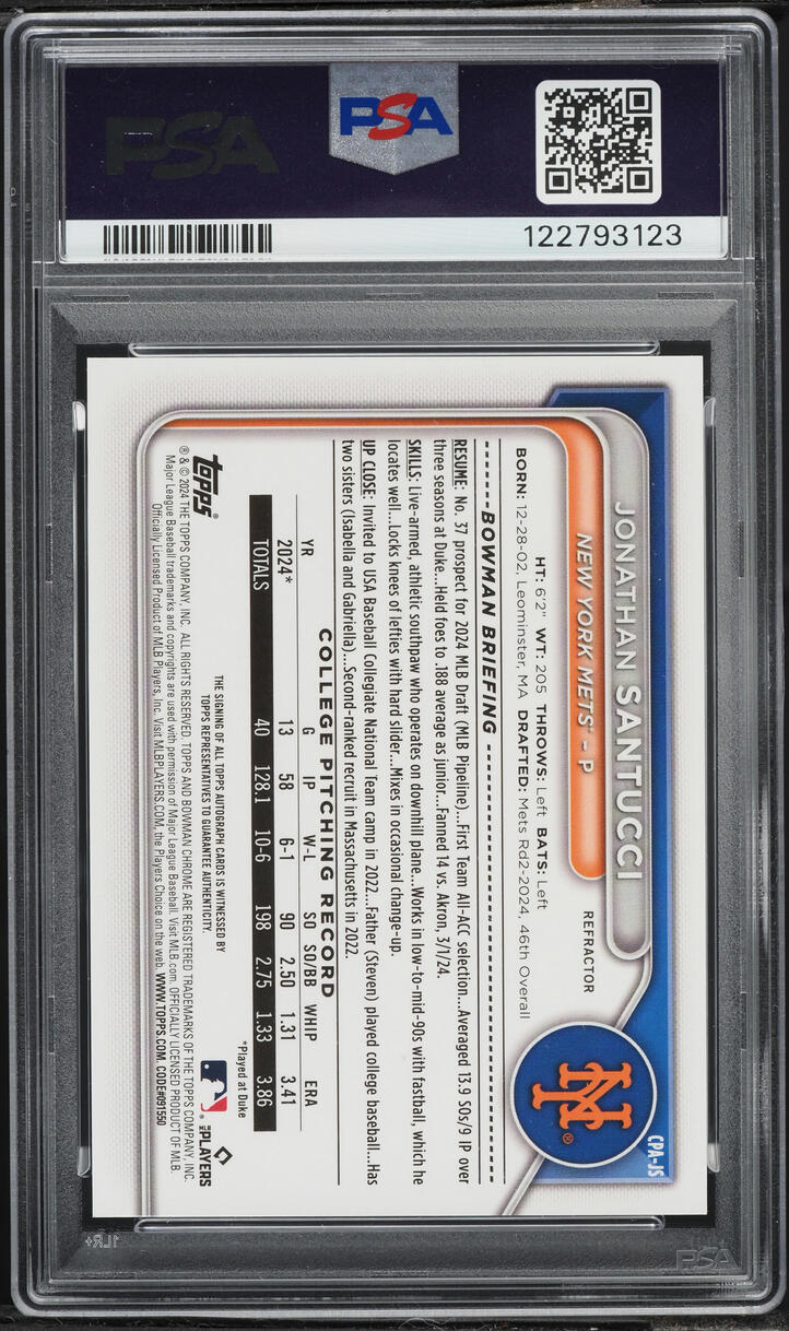 2024 Bowman Chrome Draft Refractor Jonathan Santucci PROSPECT AUTO /499 #CPA-JS PSA 10 GEM MINT
