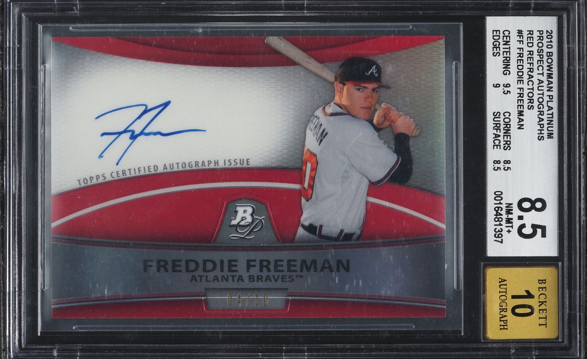 2010 Bowman Platinum Red Refractor Freddie Freeman Rookie PROSPECT AUTO /10 RC #BPA-FF BGS 8.5