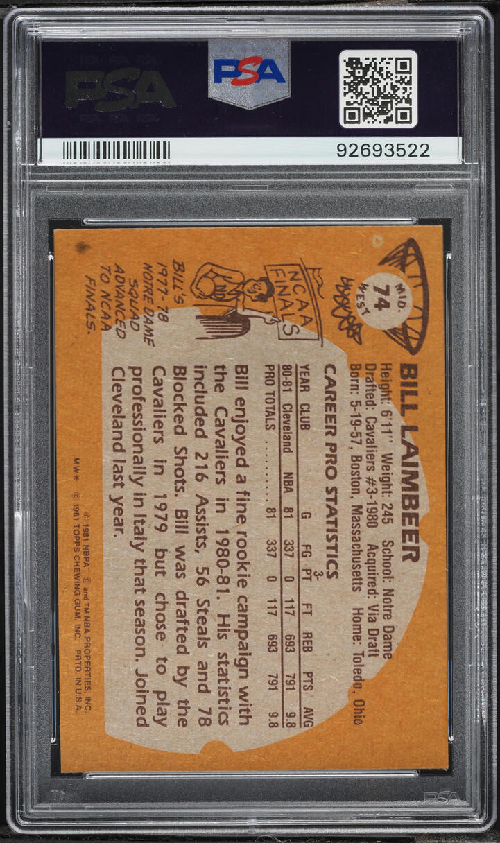 1981 Topps Midwest Basketball Bill Laimbeer #74 PSA 8 NM-MT