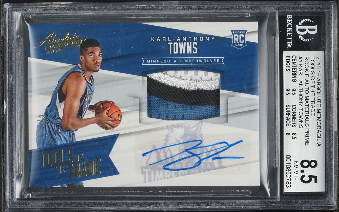 2015 Absolute Memorabilia Tools Of The Trade Prime Karl-Anthony Towns RC PATCH AUTO /25 BGS 8.5