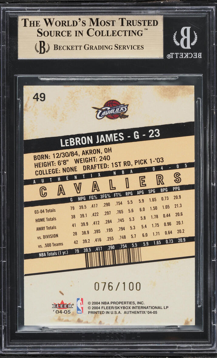 2004 Fleer Authentix Parallel 100 LeBron James /100 #49 BGS 9.5 GEM MINT