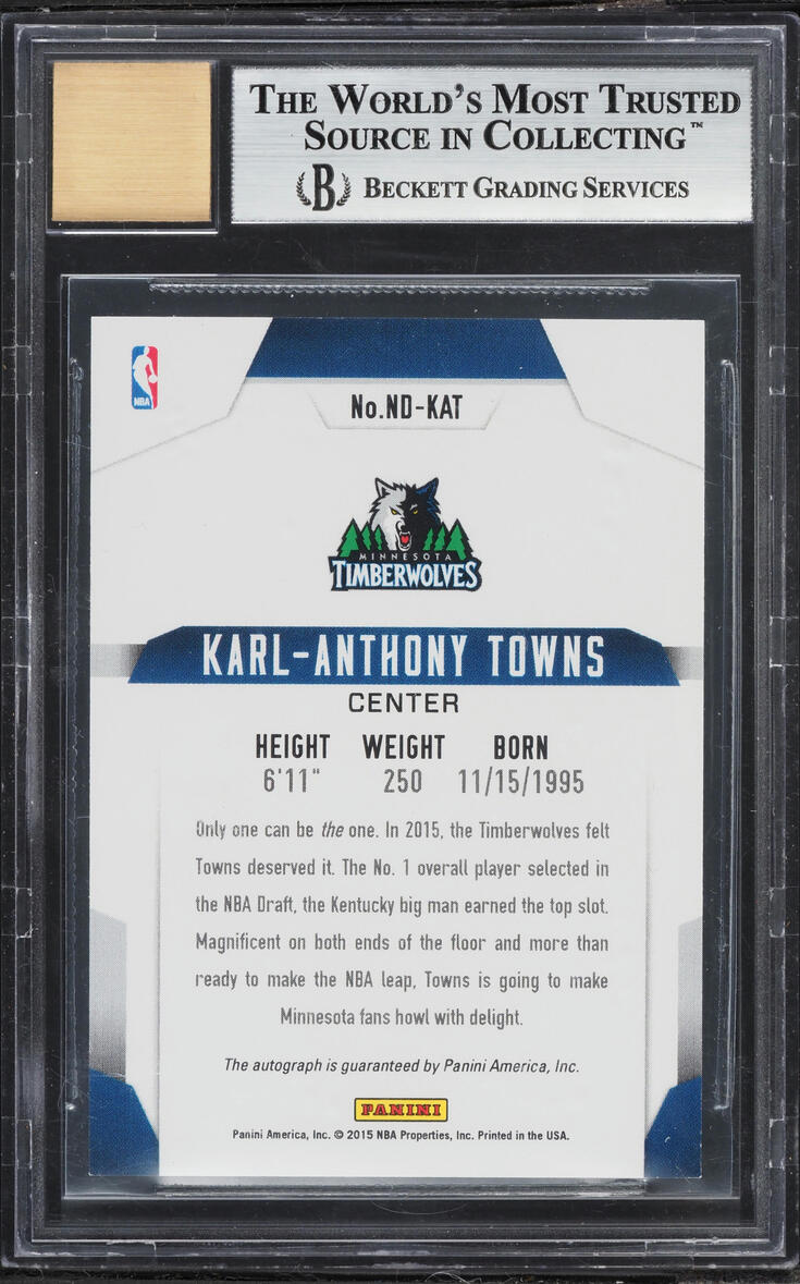 2015 Absolute Memorabilia Next Day Karl-Anthony Towns ROOKIE AUTO #ND-KAT BGS 9 MINT