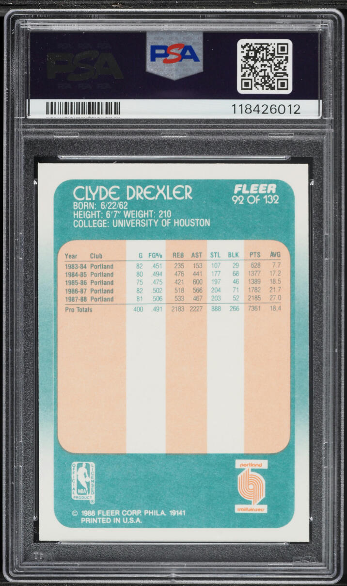 1988 Fleer Basketball Clyde Drexler #92 PSA 8 NM-MT