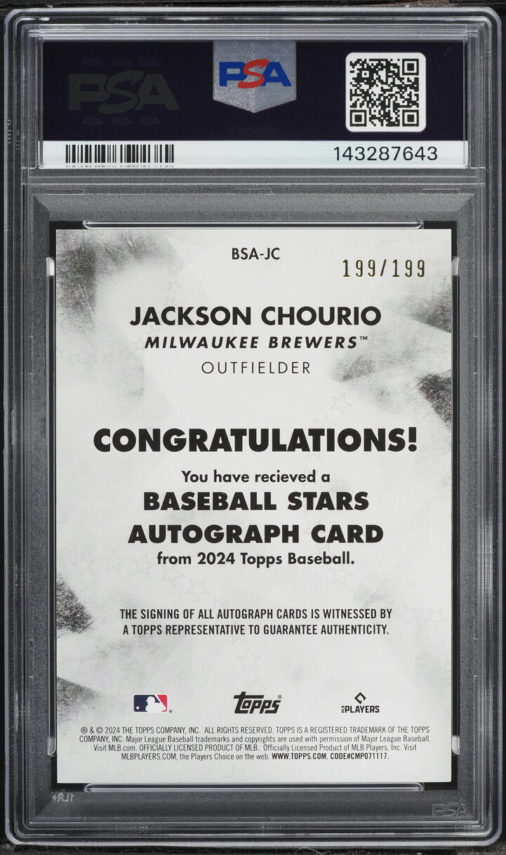 2024 Topps Baseball Stars Black Jackson Chourio ROOKIE AUTO 199/199 #BSAJC PSA 8 NM-MT