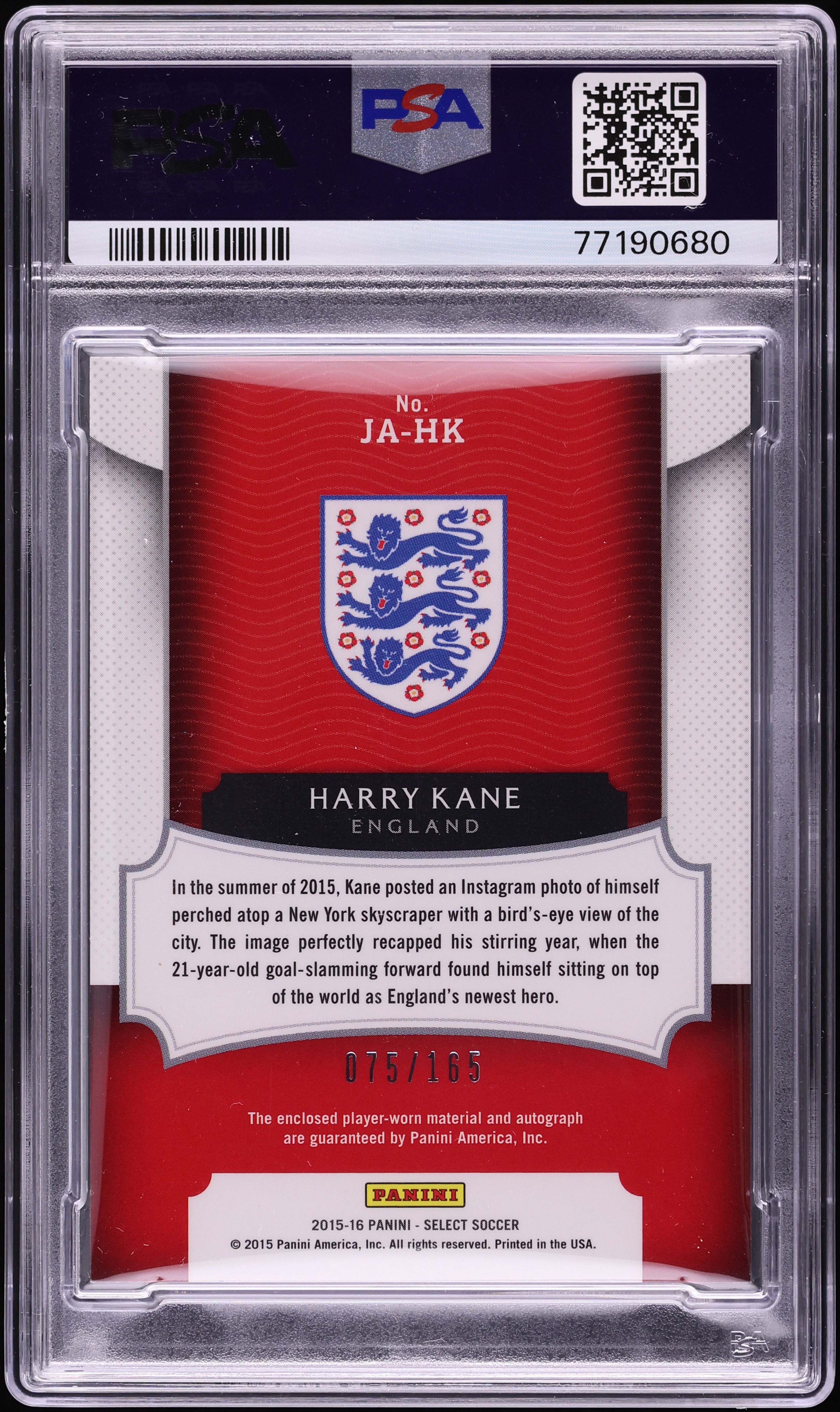 2015 Select Soccer Harry Kane PATCH AUTO /165 #JA-HK PSA 9 MINT on