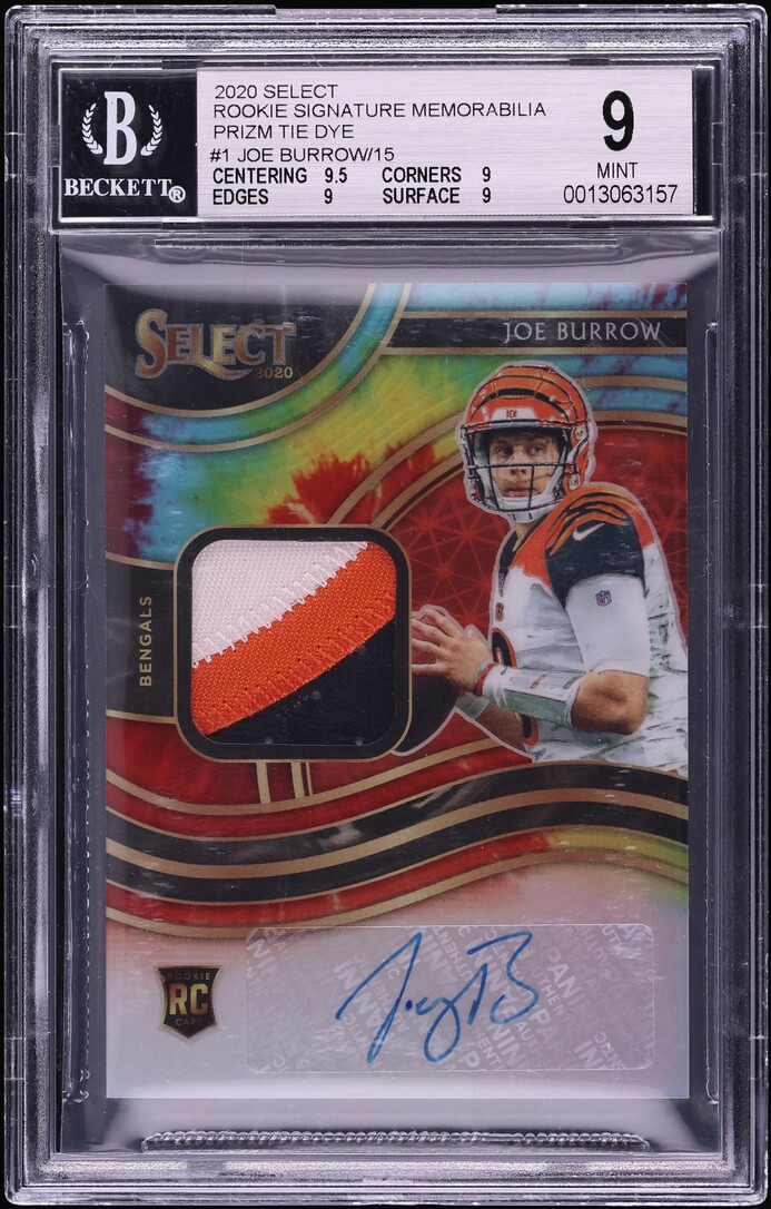 2020 Select Tie Dye Prizm Joe Burrow ROOKIE PATCH AUTO /15 #RSM-JBU BGS 9 MINT