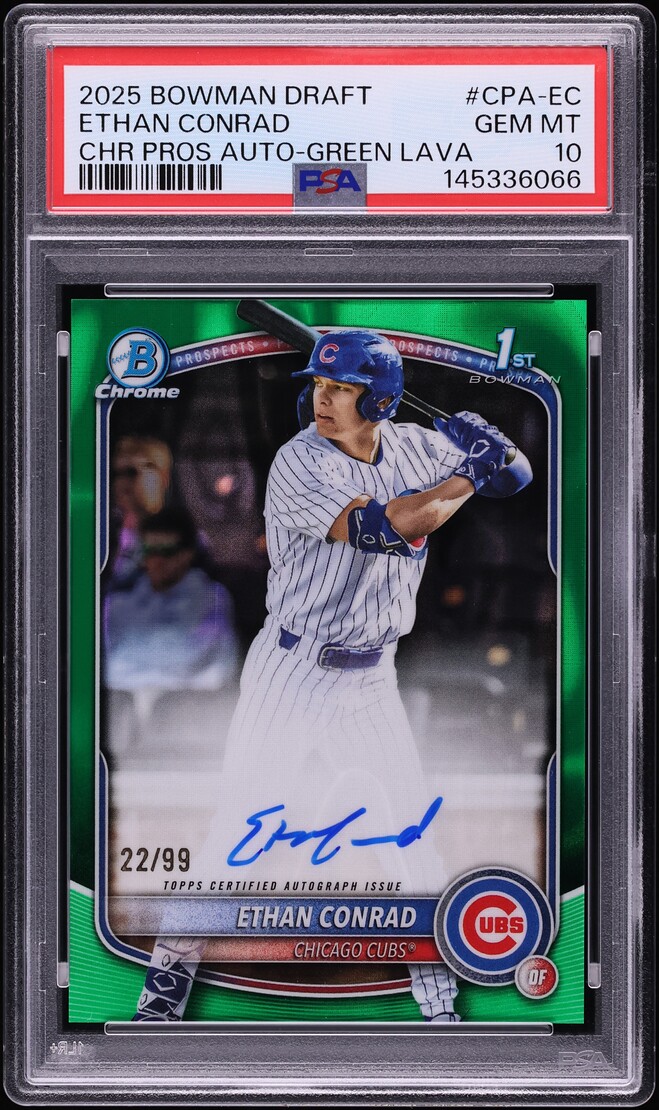 2025 Bowman Chrome Draft Chrome Green Lava Ethan Conrad PROSPECT AUTO /99 #CPA-EC PSA 10 GEM