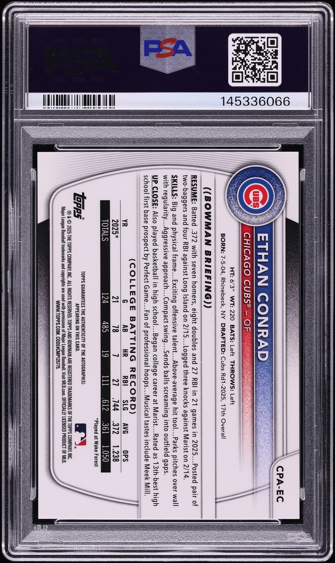 2025 Bowman Chrome Draft Chrome Green Lava Ethan Conrad PROSPECT AUTO /99 #CPA-EC PSA 10 GEM