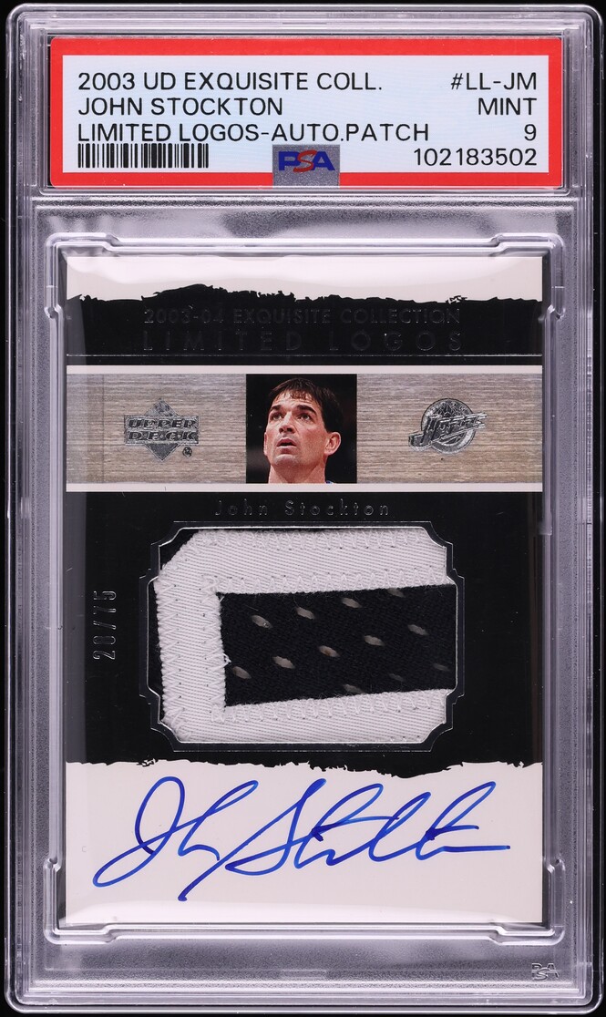 2003 Exquisite Collection Limited Logos John Stockton PATCH AUTO /75 #LL-JM PSA 9 MINT