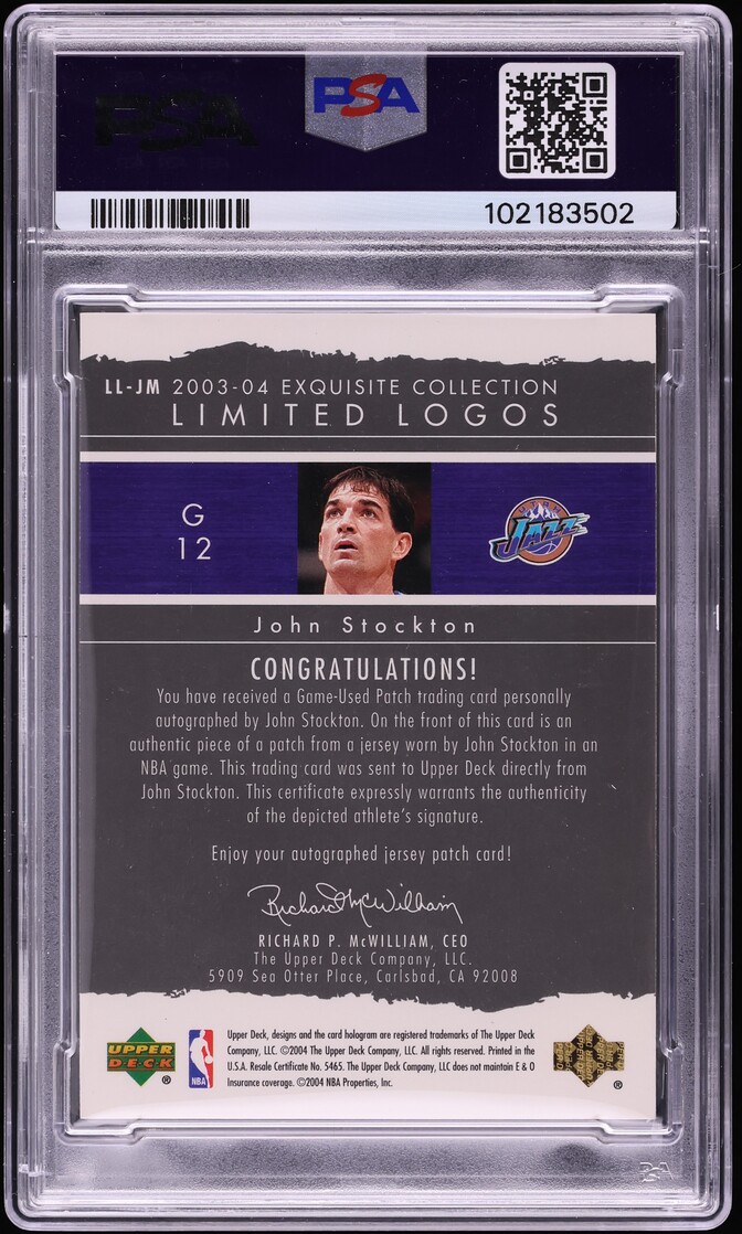 2003 Exquisite Collection Limited Logos John Stockton PATCH AUTO /75 #LL-JM PSA 9 MINT