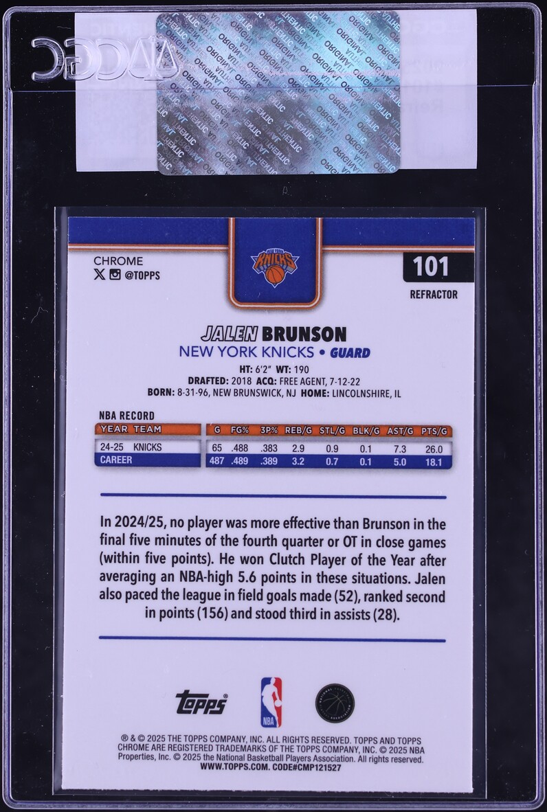 2025 Topps Chrome Refractor Jalen Brunson #101 CGC AUTH