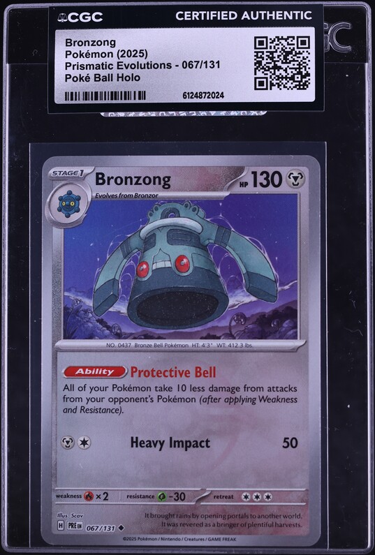 2025 Pokemon Scarlet & Violet Prismatic Evolutions Poke Ball Holo Bronzong #67 CGC AUTH