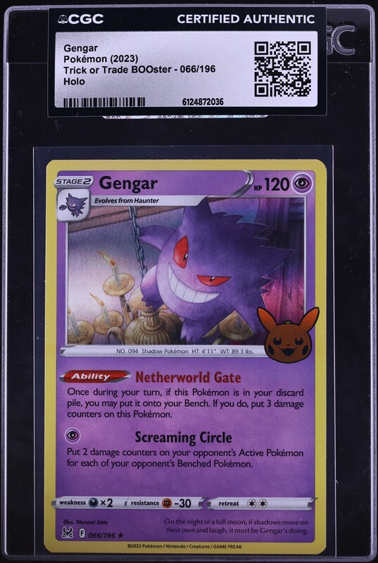 2023 Pokemon Sword & Shield Lost Origin Trick Or Trade BOOster Holo Gengar #66 CGC AUTH