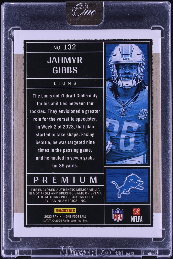 2023 Panini One Premium Jahmyr Gibbs ROOKIE PATCH AUTO /99 #132
